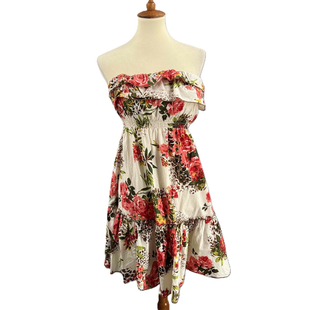 Wet Seal Strapless Dress White Red Floral Print Babydoll Ruffle‎ Cotton Medium